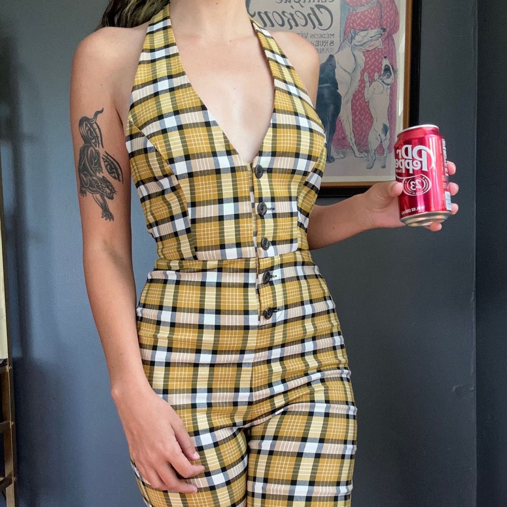 Urban Outfitters size small yellow plaid 70’s style jumpsuit with halter top